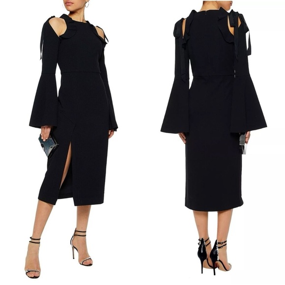 Rebecca Vallance Gigi Black Ruffle Midi Dress Cold Shoulder Sleeve Size 2 - Picture 1 of 16